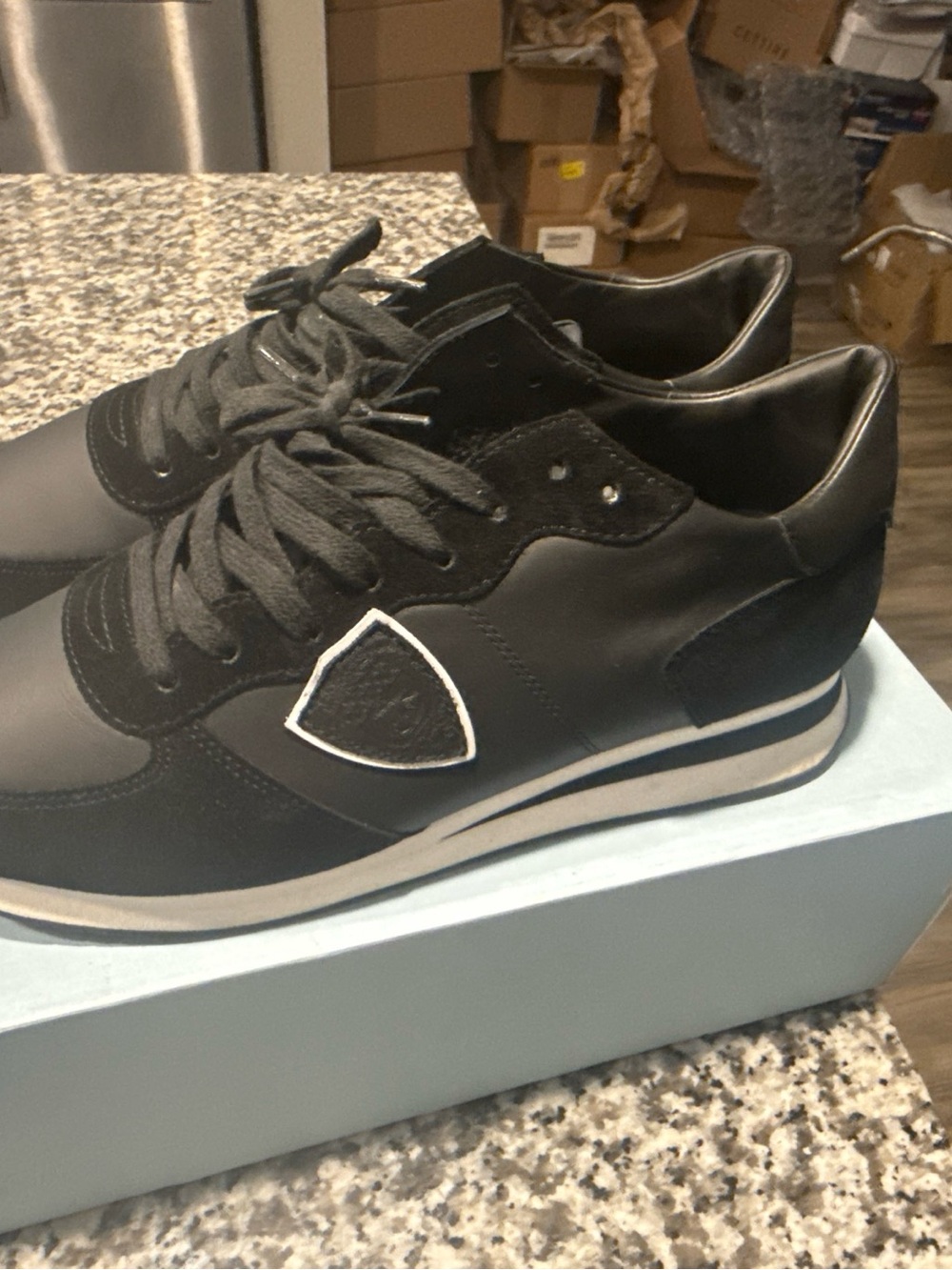 Men's Black Philippe Model Leather-Trim Sneakers